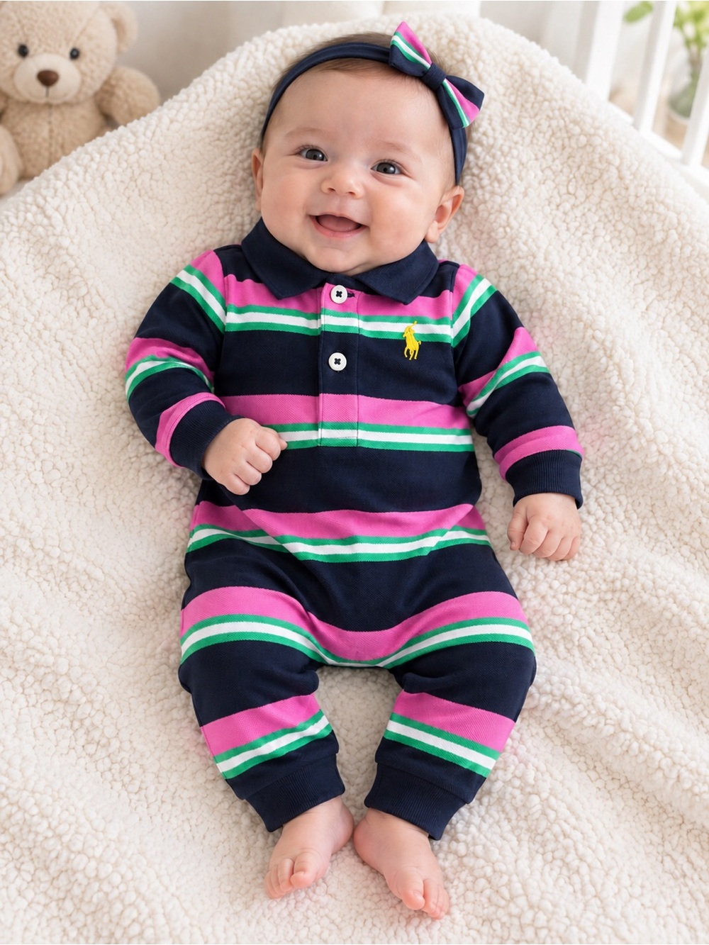 Polo Ralph Lauren Baby Striped Polo Coverall 3M NWT